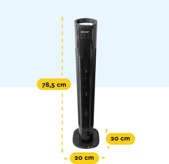 BRASQ Torenventilator F500 – 80 cm Hoog – Zwart – Stil – Met Afstandsbediening – Timer & Slaapmodus – Staande Ventilator – 50W – Voor Slaapkamer & Kantoor