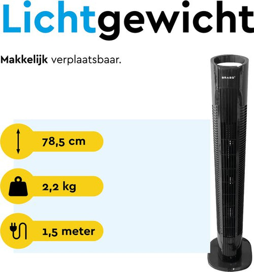 BRASQ Torenventilator F500 – 80 cm Hoog – Zwart – Stil – Met Afstandsbediening – Timer & Slaapmodus – Staande Ventilator – 50W – Voor Slaapkamer & Kantoor
